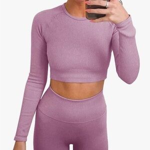 Jet Joy Mauve Ribbed Long Sleeve Crop Top & High Waist Leggings Set